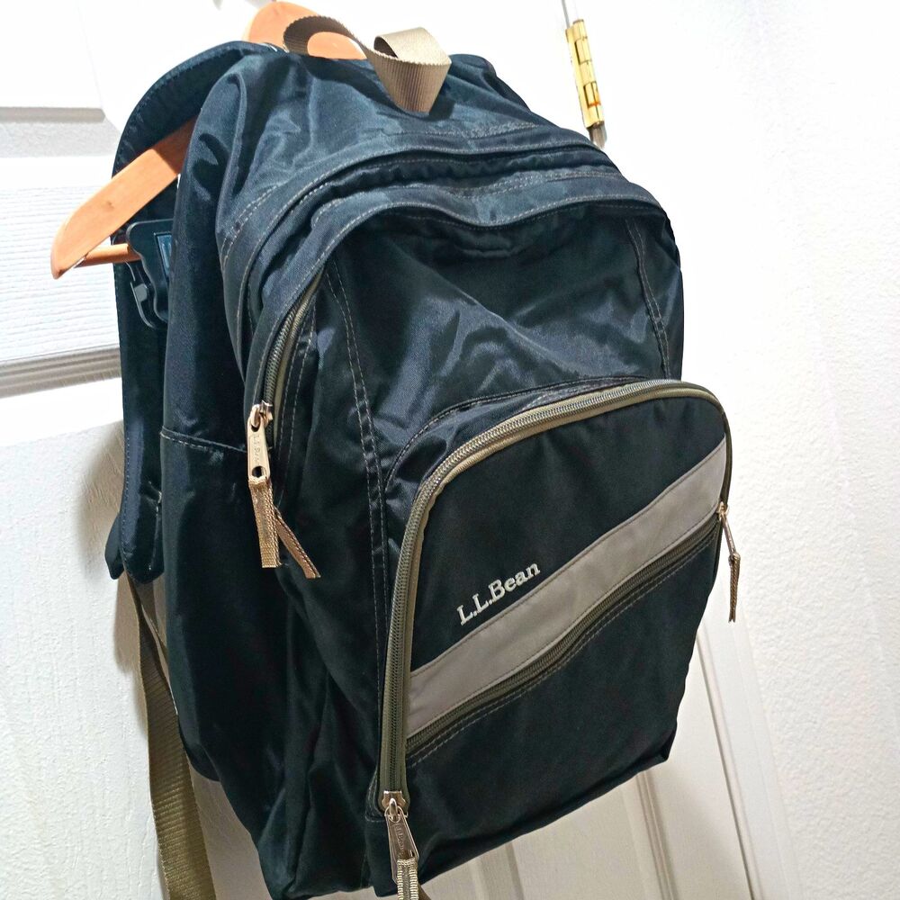 L.L.Bean Backpack Black Tan Reflective Stripe School Travel Bookbag Organizer